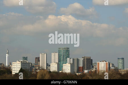 General view of the skyline of Birmingham including the BT Tower (far left), Holloway Circus Tower (centre) and The Rotunda (far right) Stock Photo