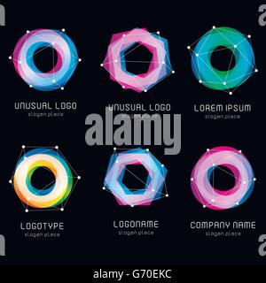 Unusual abstract geometric shapes vector logo set. Circular, polygonal colorful logotypes collection on the black background. Vector illustration. Stock Vector