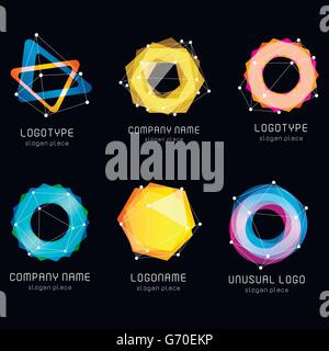 Unusual abstract geometric shapes vector logo set. Circular, polygonal colorful logotypes collection on the black background. Vector illustration. Stock Vector