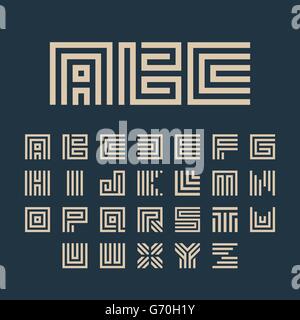 Geometric vector white color alphabet letters set. Monogram symbols collection on the dark blue background. Unusual typography elements group. Stock Vector