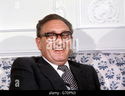 Dr Henry Kissinger, US Secretary of State, at an American Embassy Press conference at the end of his one-day visit to London. Stock Photo