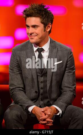 Zac Efron during filming of the Graham Norton Show, at the London Studios, central London, to be aired on BBC One on Friday evening. Stock Photo