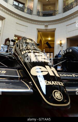 The Formula One Lotus racing car driven by the late Ayrton Senna, who was killed 20 years ago, goes on display at the Royal Automobile Club in London. Stock Photo