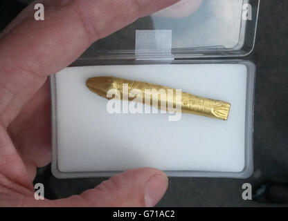 A rare golden fish, that experts believe is part of an ornate belt buckle, that was discovered by Barry Shannon whilst metal detecting on his aunt's farm in Ballyalton near Downpatrick last year, following a treasure inquest that declared the item to be treasure at the Belfast Coroner's Court. Stock Photo