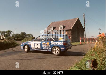 British Rally Championship. Mark Higgins in the Nissan Sunny GTI flies round the Manx Rally round of the Mobil 1 Top Gear British Rally Championship Stock Photo