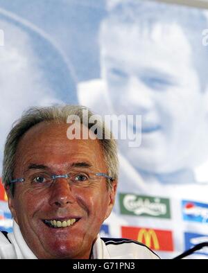 England manager Sven-Goran Eriksson at a press conference at the press media centre, Lisbon, Portugal, ahead of England's quarter-final clash with Portugal on Thursday. , NO MOBILE PHONE OR PDA USE. INTERNET USE ONLY ON UEFA AUTHORISED SITES AND THEN, NO MORE THAN 10 PHOTOGRAPHS PER HALF OF NORMAL PLAYING TIME AND FIVE PHOTOGRAPHS PER HALF OF EXTRA TIME CAN BE PUBLISHED VIA THE INTERNET WITH AN INTERVAL OF AT LEAST ONE MINUTE BETWEEN THE POSTING OF EACH SUCH PHOTOGRAPH. Stock Photo