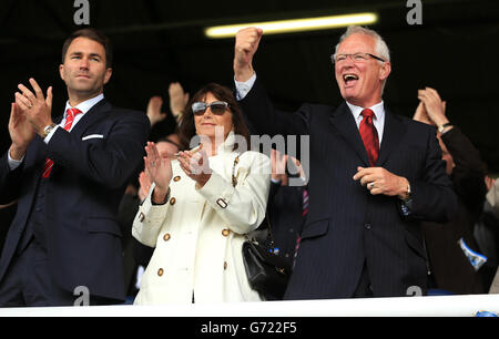 Leyton Orient's chairman Barry Hearn celebrates at the final whistle Stock Photo