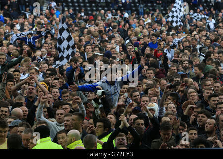 Soccer - Sky Bet Championship - Play-off Semi Final - Second Leg - Derby County v Brighton & Hove Albion - iPRO Stadium. Derby County fans celebrates their victory during the Sky Bet Championship, Play-off Semi Final, Second Leg at the iPRO Stadium, Derby. Stock Photo