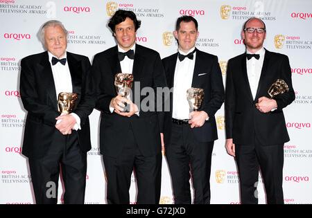 (left to right) David Attenborough, Anthony Geffen, Dan Smith and Mike Davis with the Specialist Factual Award for Natural History Museum Alive 3D, at the Arqiva British Academy Television Awards 2014 at the Theatre Royal, Drury Lane, London. Stock Photo