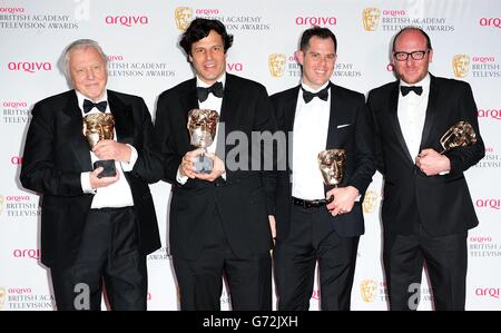 (left to right) David Attenborough, Anthony Geffen, Dan Smith and Mike Davis with the Specialist Factual Award for Natural History Museum Alive 3D, at the Arqiva British Academy Television Awards 2014 at the Theatre Royal, Drury Lane, London. Stock Photo