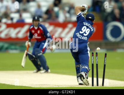 England captain Michael Vaughan is bowled by New Zealand's James Franklin for 12 during the NatWest series one day international at the Riverside, Chester-le-Street. Stock Photo