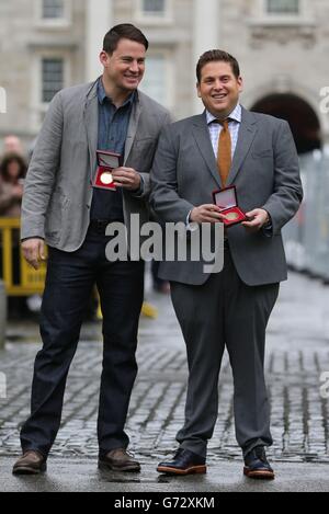 Hollywood Stars Channing Tatum and Jonah Hill receive Bram Stoker medals from The Phil Society of Trinity College while in Ireland promoting their new movie 22 Jump Street in Dublin. Stock Photo