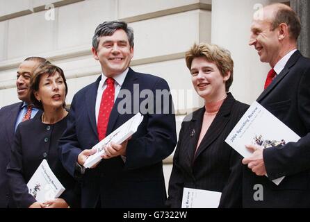 Chancellor Gordon Brown (centre) with his treasury team (from left) Paul Boateng, Dawn Primarollo, Ruth Kelly and John Healey as they leave the Treasury to travel to the House of Commons in London, to outline to MPs his three year spending plans. 16/12/04: Ruth Kelly, who became one of the youngest education secretaries in history, after Charles Clarke moved to the Home Office following David Blunkett's resignation. Stock Photo