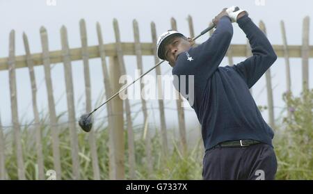 Fiji's Vijay Singh tees off the 2nd hole, during a practice round for the 133rd Open Championship at the Royal Troon Golf Club, Scotland. . NO MOBILE PHONE USE Stock Photo