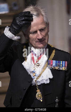 Gentleman Usher of the Black Rod Lieutenant General David Leakey in the Norman Porch of the Palace of Westminster for the State Opening of Parliament in London. Stock Photo