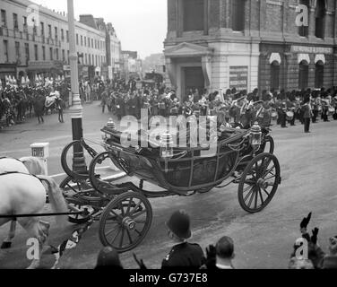 Accompanied by Queen Elizabeth II and the Duke of Edinburgh, Emperor Haile Selassie of Ethiopia and his son, the Duke of Harar, drive in procession from Victoria Station to Buckingham Palace at the start of their state visit to Britain. Stock Photo