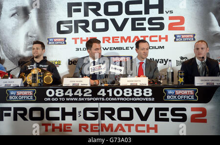 Carl Froch (left) with Boxing Promoter Eddie Hearn, Sky's head of Boxing Adam Smith and George Groves (right) during a press conference at Wembley Stadium, London. Stock Photo