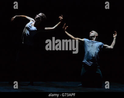 Choreographer Russell Maliphant (right) and Carys Staton perform during a dress rehearsal for Still Current at the Abbey Theatre, Dublin, as part of the Dublin Dance Festival. Stock Photo