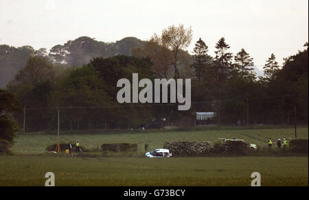 Police at the scene near Kelso in the Scottish Borders after a rally car lost control during the Jim Clark Rally and hit spectators, three were pronounced dead at the scene and a fourth is in a critical condition in Edinburgh Royal Infirmary. Stock Photo