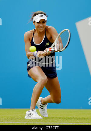 EDITORIAL USE ONLY Britain's Heather Watson plays a shot against Elena Vesnina of Russia in their first round match during The Aegon International Tournament at Devonshire Park, Eastbourne, Southern England. June 20, 2016. Simon  Dack / Telephoto Images Stock Photo