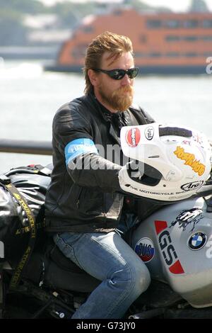 Actor Ewan McGregor arrives in New York after a 20,000 mile round the world trip with friend and actor Charley Boorman. The pair described suffering near-fatal crashes, being detained by border guards and finally crying tears of joy as they arrived in New York. Stock Photo