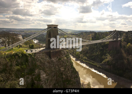 The Clifton Suspension Bridge, designed by Isambard Kingdom Brunel, which spans the Avon Gorge and the River Avon, linking Clifton in Bristol to Leigh Woods in North Somerset. The bridge opened in 1864 and is a grade I listed building, forming part of the B3129 road for which there is a toll to cross Stock Photo