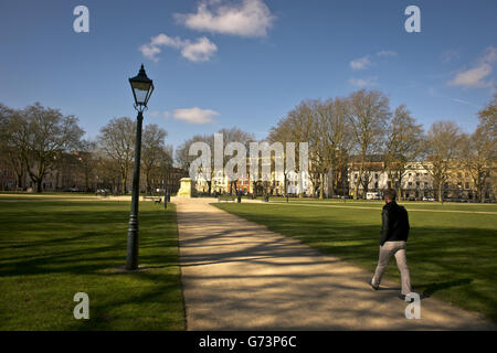 Queen Square, Bristol, which is a 2.4 hectares garden square in the centre of Bristol, originally a fashionable residential address, it now is mainly home to businesses and in the centre is an idealised equestrian statue of William III by John Michael Rysbrack, cast in 1733 and erected in 1736 Stock Photo