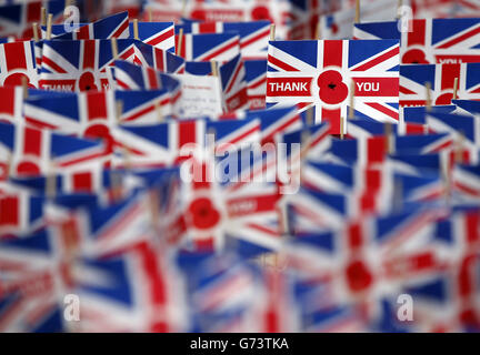 Union flags planted in the sand by the British Legion, Gold Beach, Asnelles, Normandy, France as part of the celebrations to mark the 70th anniversary of the D-Day campaign. Stock Photo