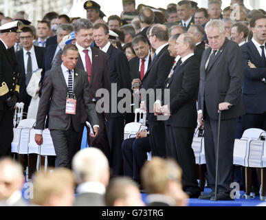 Ukraine's newly elected leader Petro Poroshenko is shown to seat as he is and other heads of state attend the International Commemoration Event hosted by French President Francois Hollande to commemorate the 70th anniversary of the Normandy Landings at Sword Beach. Stock Photo
