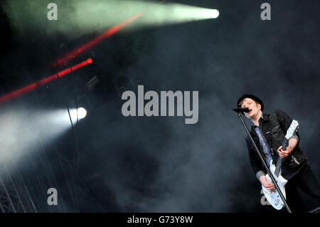 Patrick Stump of Fall Out Boy performs during day two of the 2014 Download Festival at Donington Park. Stock Photo