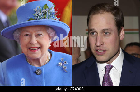 Undated file photos of Queen Elizabeth II and the Duke of Cambridge. Britons prefer Prince William to the Queen, according to an opinion poll. But both royals are significantly more popular than the UK's best-known politicians. Stock Photo