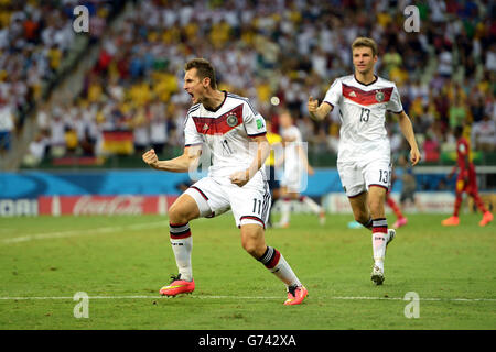 Soccer - FIFA World Cup 2014 - Group G - Germany v Ghana - Estadio Castelao. Germany's Miroslav Klose (left) celebrates scoring their second goal with teammate Thomas Muller Stock Photo