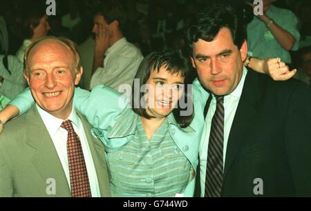 Cherie Blair, wife of newly elected Labour Party leader, Tony Blair, celebrates with former leader, Neil Kinnock, and Gordon Brown at the Institute of Education. Stock Photo