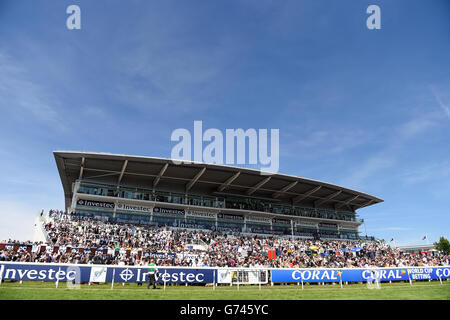 Investec branded stand filled with racegoers during Investec Ladies Day at Epsom Downs Racecourse, Surrey. Stock Photo