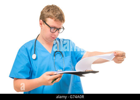 physician therapist reading medical history of the patient on a white background Stock Photo