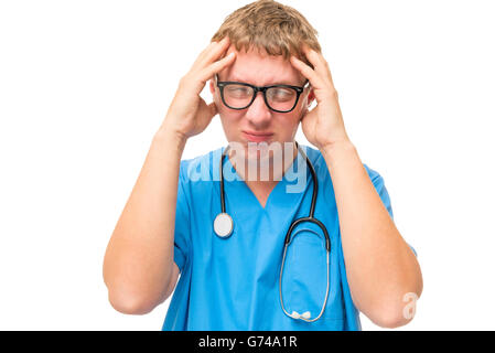 doctor holding hands aching head on a white background isolated Stock Photo