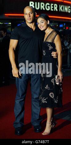 Stars of the film Vin Diesel and Alexa Davalos arrive for the premiere of The Chronicles Of Riddick, at the Vue West End in Leicester Square, central London. Stock Photo