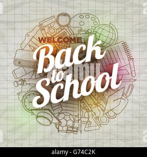 Vector Back to School text and school supply icons on wrinkled paper. Stock Vector