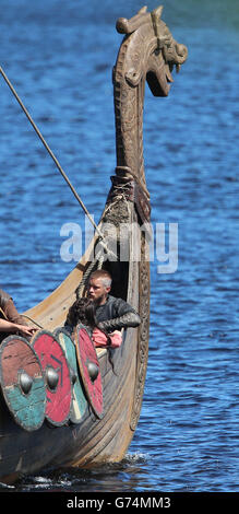 Travis Fimmel, who plays leading character Ragnar Lothbrok, during filming of the History Channel series Vikings on Blessington Lake in Co Wicklow. Stock Photo