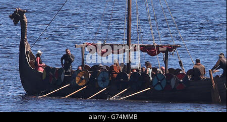 Travis Fimmel, who plays leading character Ragnar Lothbrok (second left), during filming of the History Channel series Vikings on Blessington Lake in Co Wicklow. Stock Photo