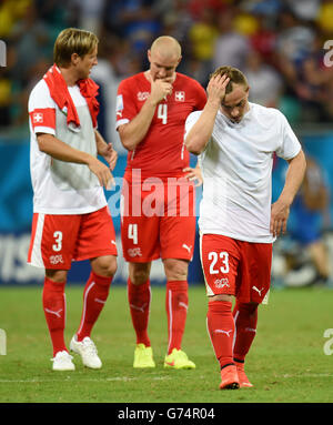 Soccer - FIFA World Cup 2014 - Group E - Switzerland v France - Arena Fonte Nova. Switzerland's Xherdan Shaqiri (right) looks dejected after the game Stock Photo