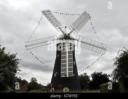 With flags going up all across the City of York in Preparation for Stage 2 of the Tour de France one week on Sunday the restored Holgate Windmill which dominates the city skyline has also been decorated ready for the big day. The second stage starts in York and finishes in Sheffield. Stock Photo