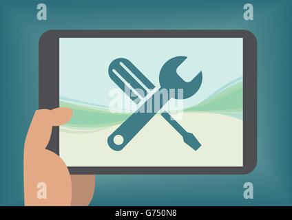 Concept of mobile app development toolbox with hand holding tablet Stock Vector