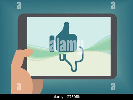 Concept of social network and like dislike with hand holding tablet or smart phone Stock Vector