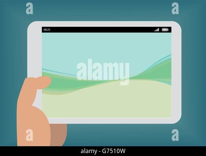 Vector illustration of hand holding white tablet with floating background wallpaper Stock Vector