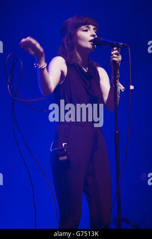 Lauren Mayberry of Chvrches performing at the Glastonbury Festival, at ...