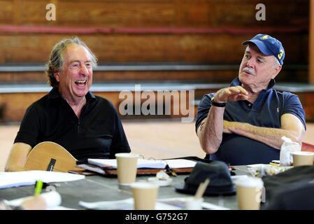 Eric Idle and John Cleese are seen on the first day of rehearsals in London, for their new show Monty Python Live (mostly) which is on at the O2 Arena in London on July 1-5, 15, 16, 18-20. Stock Photo
