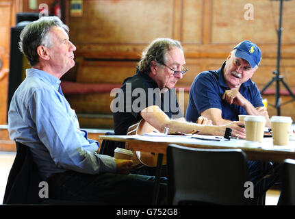 Michael Palin, Eric Idle and John Cleese are seen on the first day of rehearsals in London, for their new show Monty Python Live (mostly) which is on at the O2 Arena in London on July 1-5, 15, 16, 18-20. Stock Photo