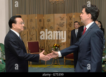 Labour leader Ed Miliband meets Chinese Prime Minister, Li Keqiang (left) at his hotel in central London today during the Chinese Premier's three day visit to the UK. Stock Photo