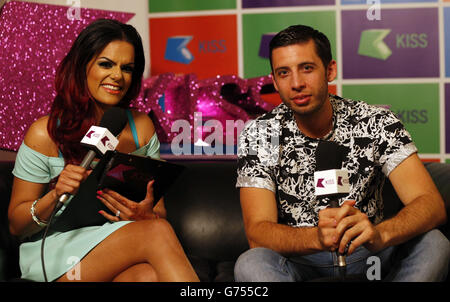 Kiss FM UK DJ Neev (left) conducts an interview with Example before a Kiss FM UK secret gig in central London. PRESS ASSOCIATION Photo. Picture date: Friday June 20, 2014. Photo credit should read: Jonathan Brady/PA Wire Stock Photo